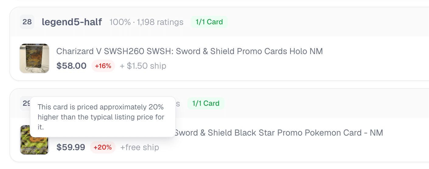 Capyberry listings with a red percentage badge next to the price and a tooltip explaining the card is priced about 20% higher than its typical listing price.