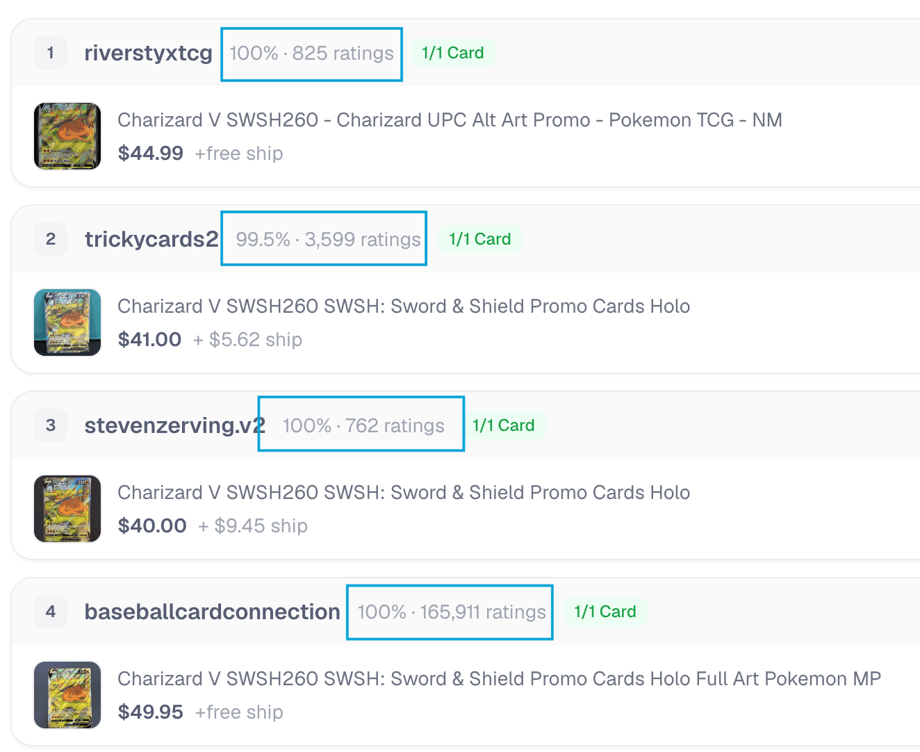 Capyberry search results grouping listings by seller and showing each seller's rating and coverage of your list.