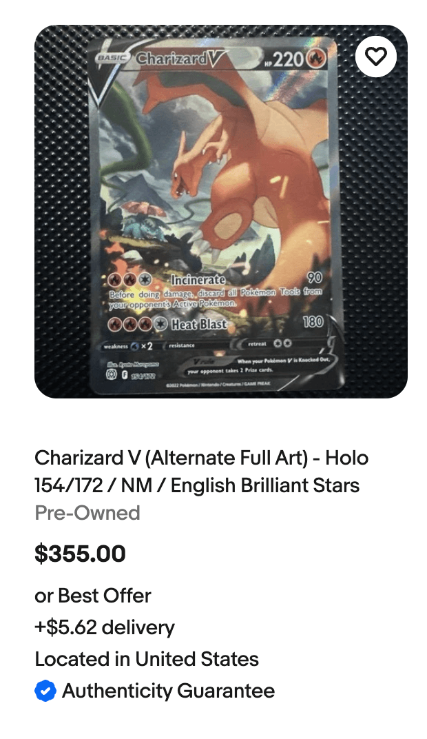 An eBay listing for a $355 Charizard V showing the blue Authenticity Guarantee badge below the price.